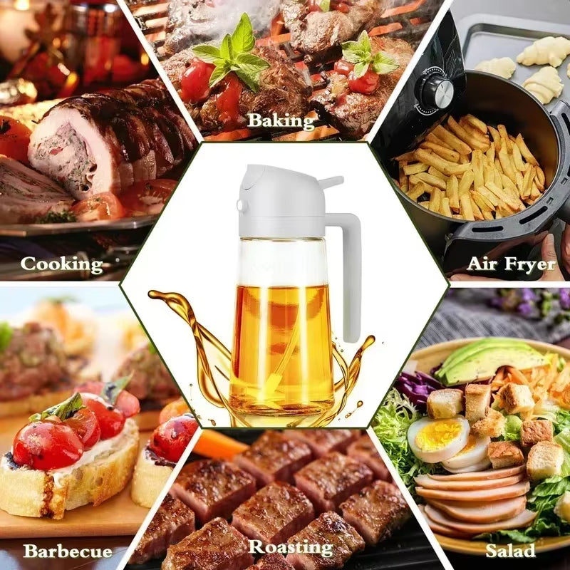 2 in 1 Olive Oil Dispenser Bottle for Kitchen Oil Sprayer Cooking 17Oz/500Ml Plastics Bottle Food-Grade Oil Mister for Air Fryer